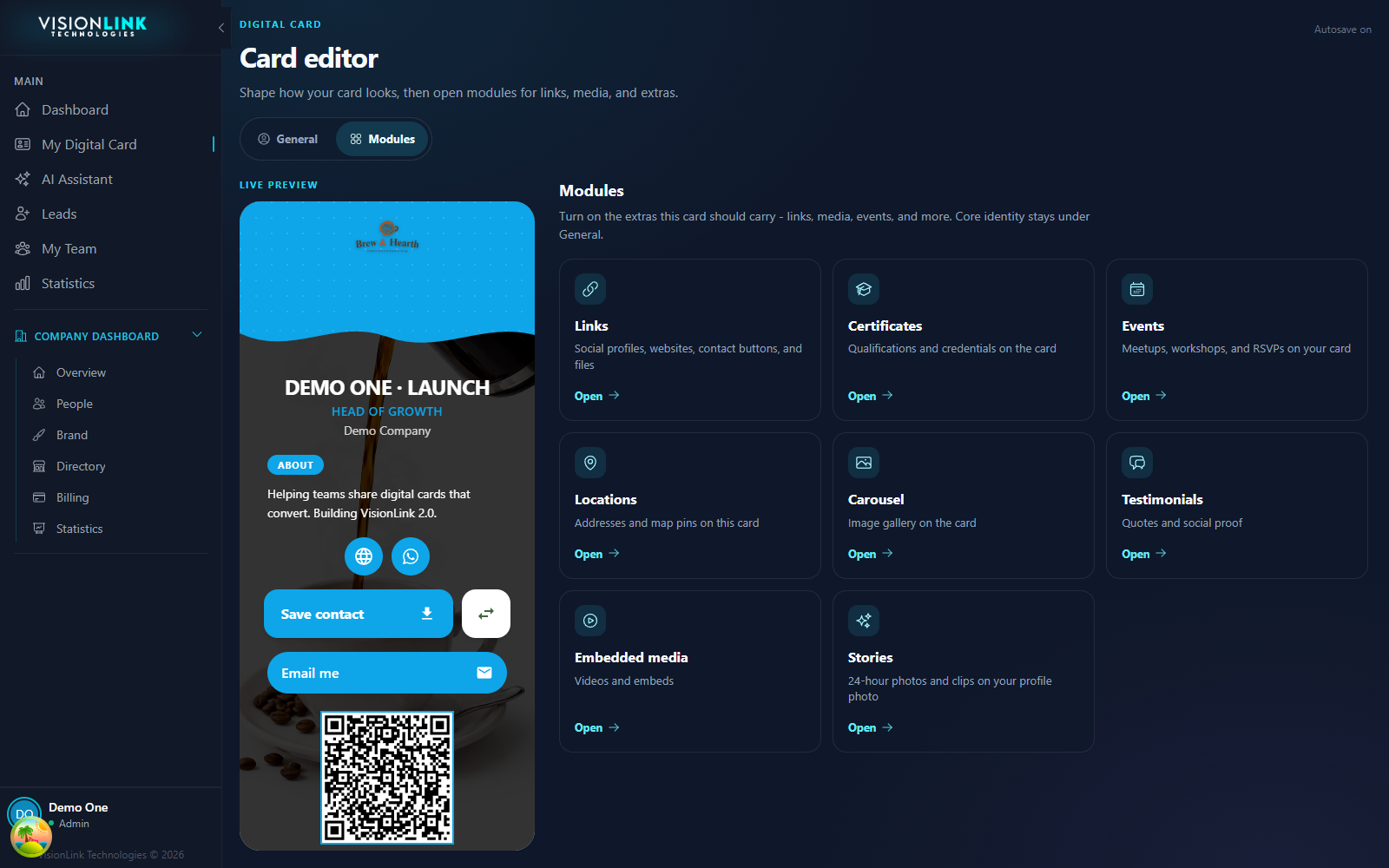 Modules catalog showing Links, Certificates, Events, Locations, Carousel, Testimonials, Embedded media, and Stories