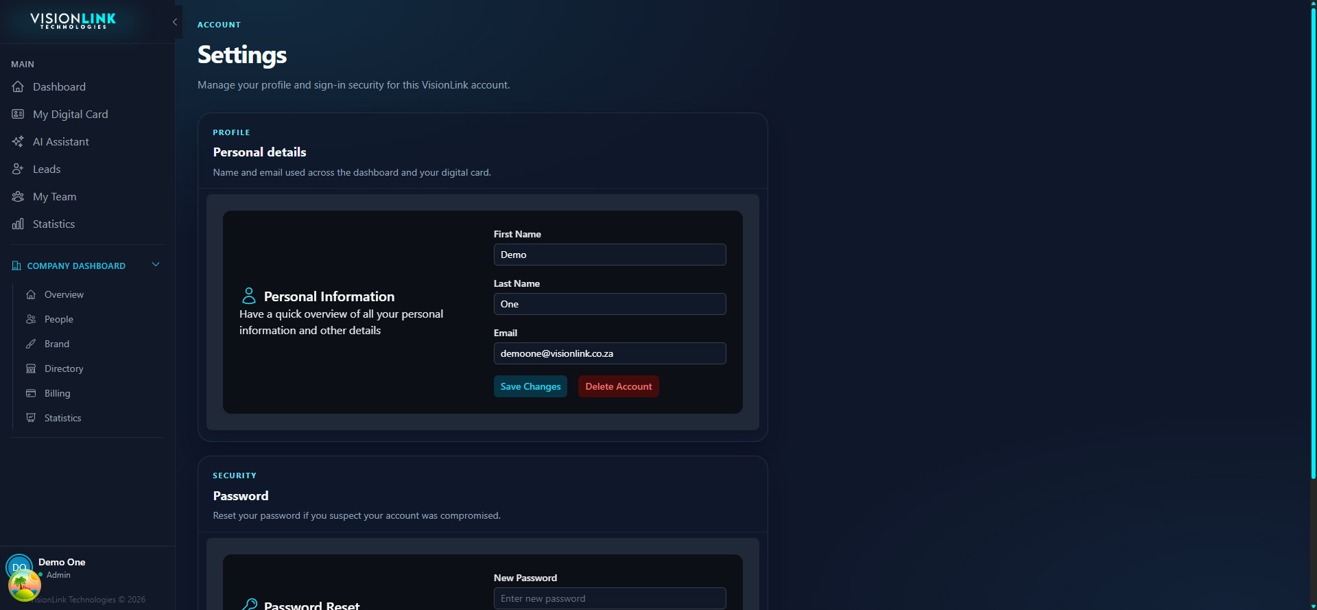 Account settings with a personal details panel above a security section containing password reset